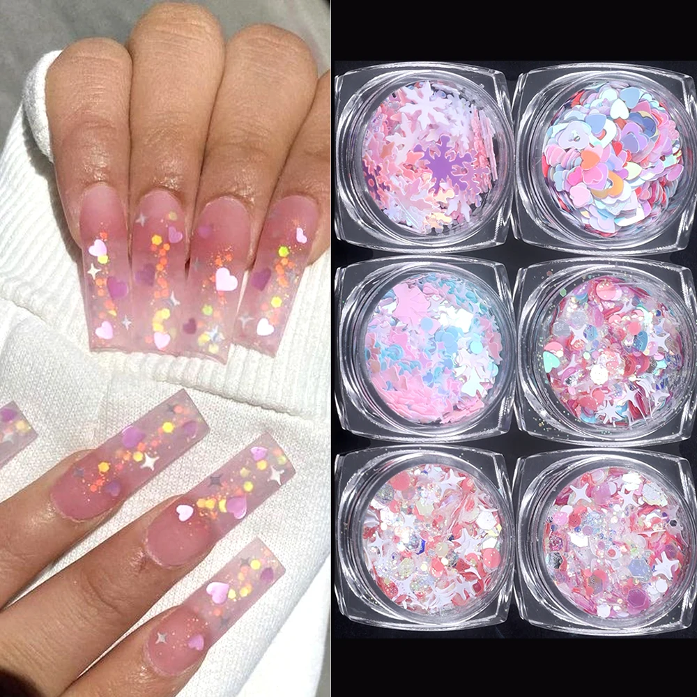 6/12 cajas de lentejuelas con purpurina rosa, mezcla de lentejuelas con forma de estrella y corazón para uñas, escamas holográficas, decoración de manicura para el Día de San Valentín