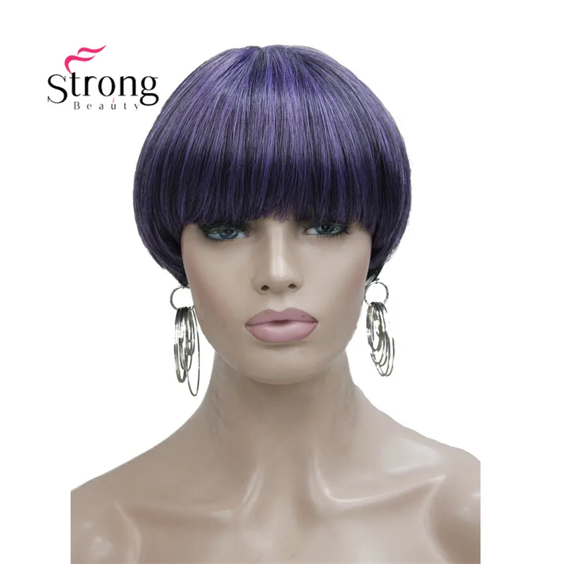 StrongBeauty Short Straight Purple Highlighted Bob with Bangs Synthetic Wig COLOUR CHOICES
