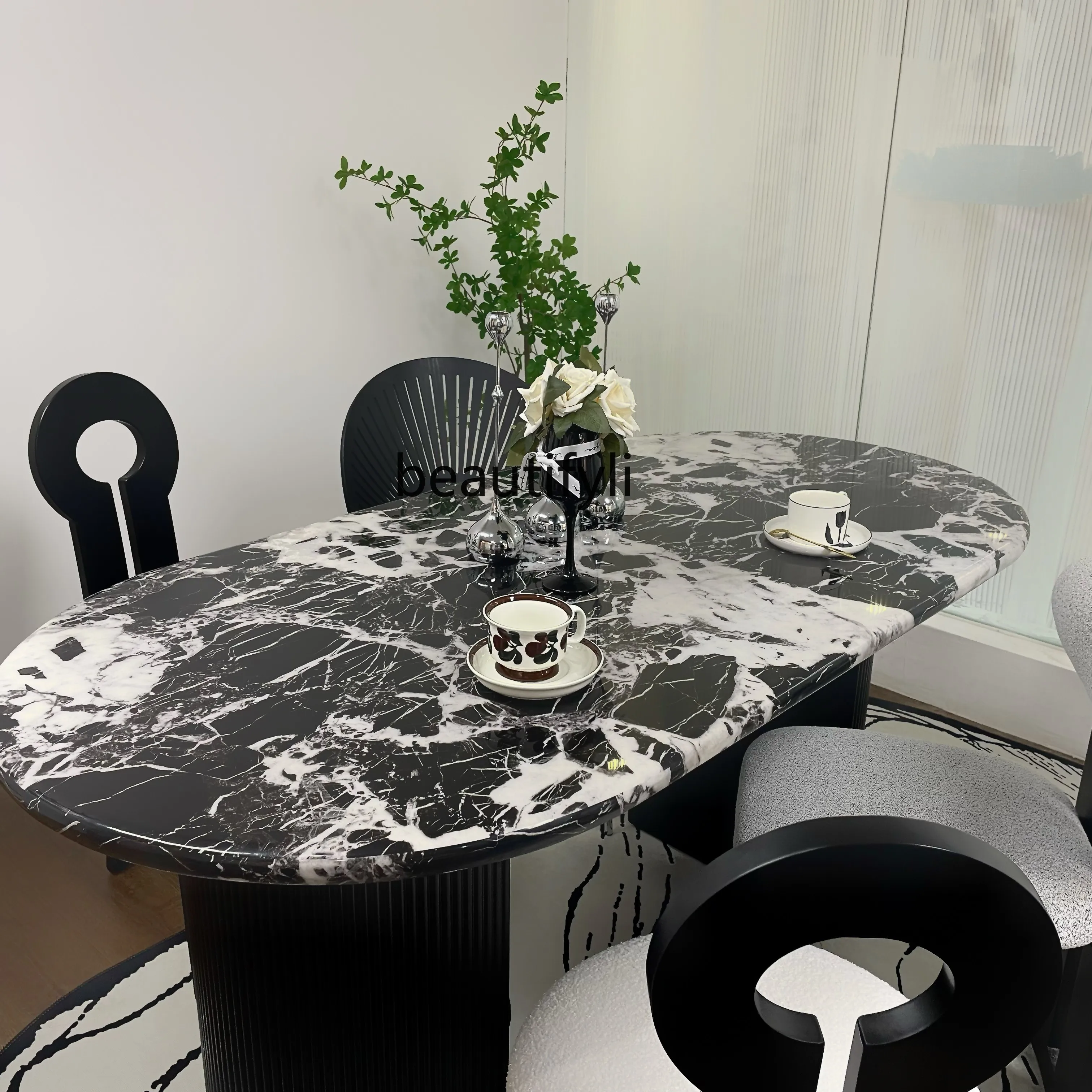 

French, marble dining table, black European light luxury small apartment retro medieval oval dining table