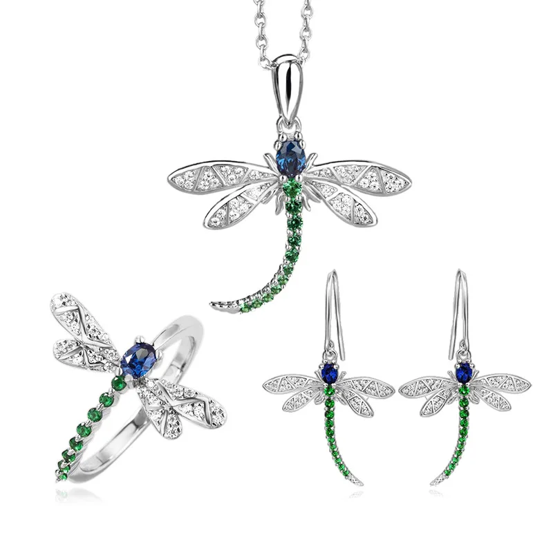 2026 New Dragonfly Countryside Style 3-piece Jewelry Set with Vacation Style, Niche Personality, Inlaid Cubic Zirconia Jewelry