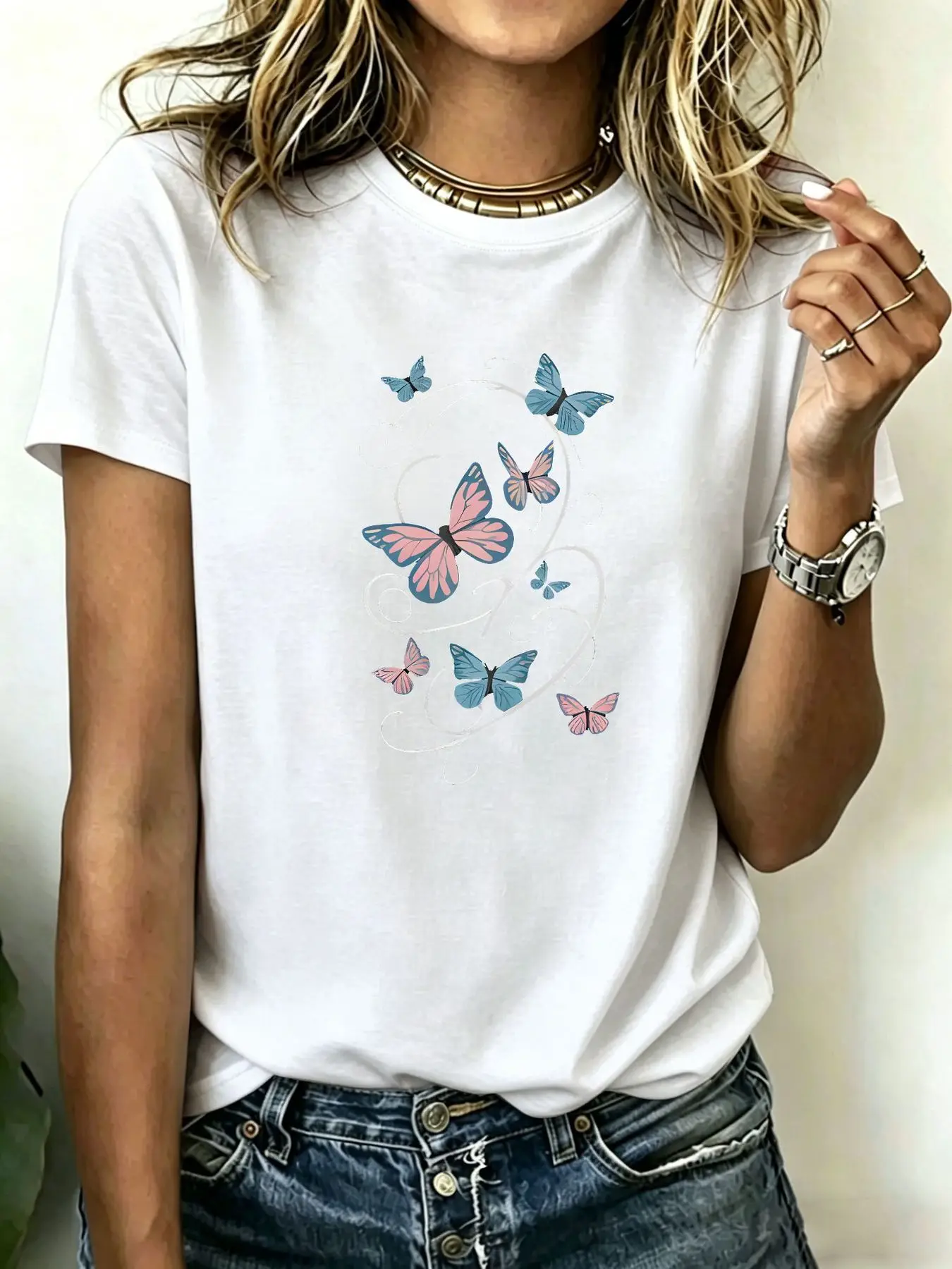 

180g Cotton Plus Size Women's T-Shirt with Colorful Butterfly Print, Comfortable Breathable Soft Pastel Design for Casual Sum