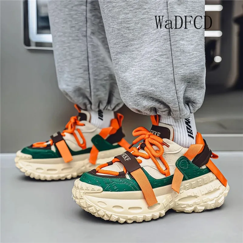 

Platform Sneakers for Mens Designer Tire Sole Sport Shoe Fashion Casual Leather Fabric Breathable Height Increased Shoes for Men