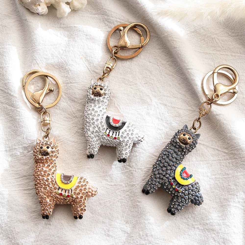 Rhinestone Crystal Original cartoon Lamb cute  Zodiac Alpaca keychain key ring Simulation Animals Pendant Jewelry Birthday gift