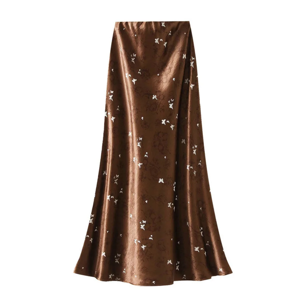 New Printed Butterfly Satin Women's Skirts 2026 Spring Summer Elegant Slim A-line High Waist Long Skirt