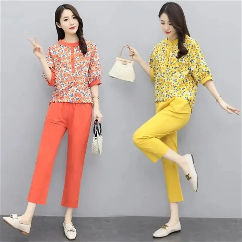 

2023 Summer New Suit Women Cotton Hemp Slim Two-Piece Printed Shirt Eight-Point Feet Pants Small Western Coat Female Tops Outfit