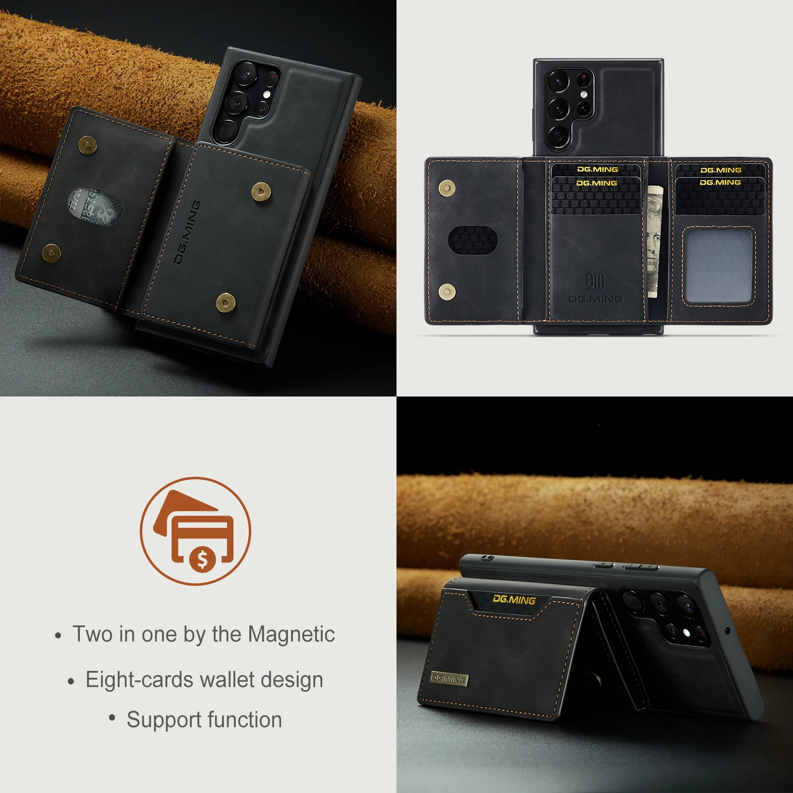 DG.MING Vintage 2in1 Magnetic Detachable Leather Wallet Case for Samsung Galaxy S23 S24 Ultra S22 S21 FE Card Slot Holder Cover