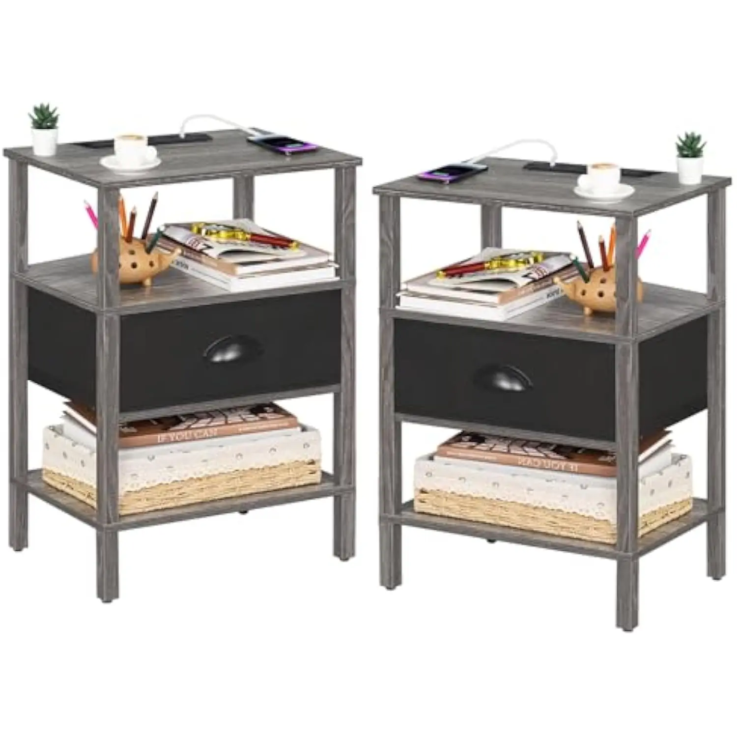 

Nightstand Set of 2 with Charging Station and USB Ports, 3-Tier Storage End Table with Cloth Drawer Shelf, Night Stand for Sma