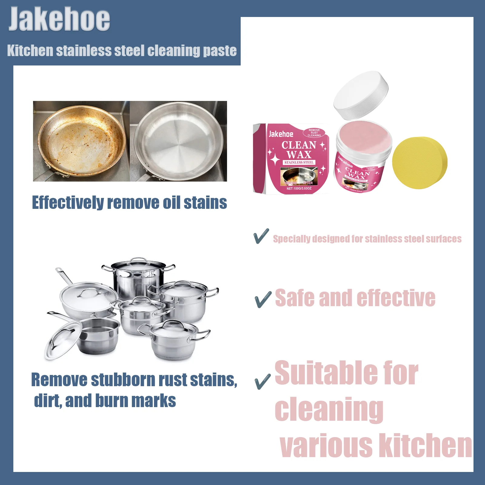 

Jakehoe Kitchen Stainless Steel Cleaning Ointment Set for Cookware, Pot Bottom, Burn Marks, Polishing, Cleaning, Decontamination