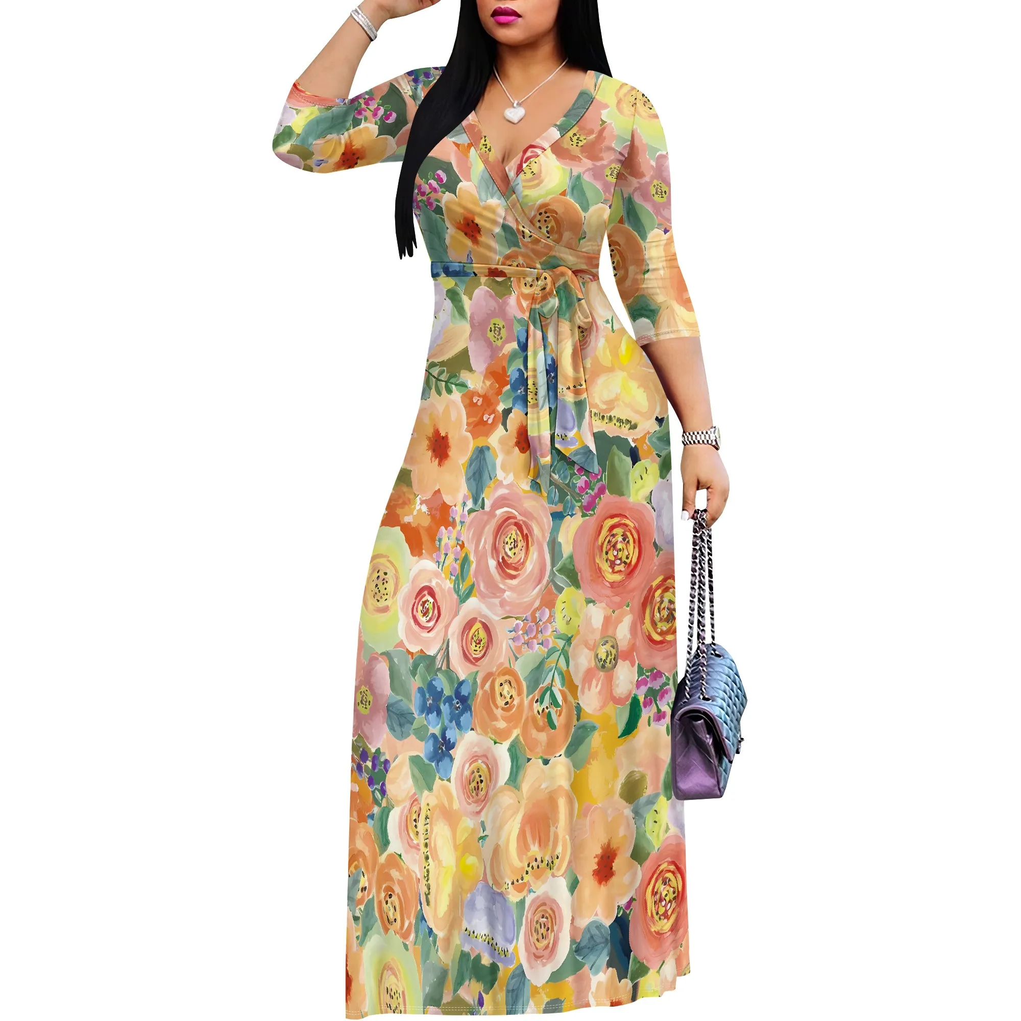 فستان Nupusa بمقاس قياسي منقوش عليه زهور، فستان صيفي أنثوي ورقبة على شكل حرف V نصف كم، فستان صيفي أنثوي