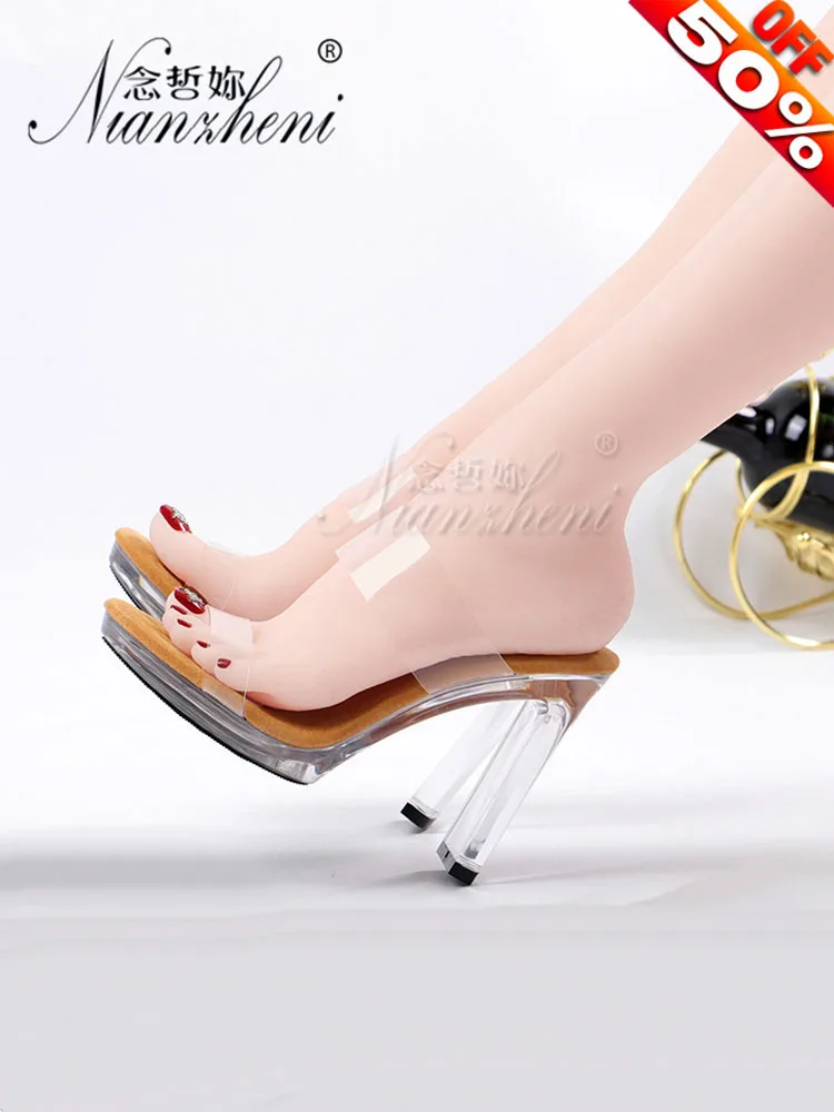 

4 Inches High Stripper Heeled Pole Dance Shoes Super Big Size Rransparent Crystal Concise Women's Slippers 11CM Models Stage New