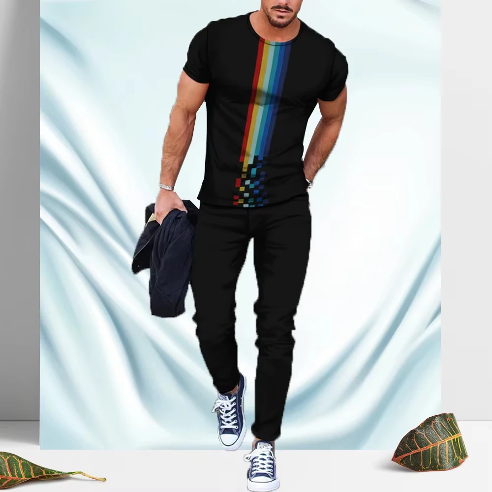 

Hot Sell Summer 3D Printe Retro Casual Men T-shirt Trousers Suit Man Short Sleeve Long Pants Set Men short T-shirt Trousers Suit