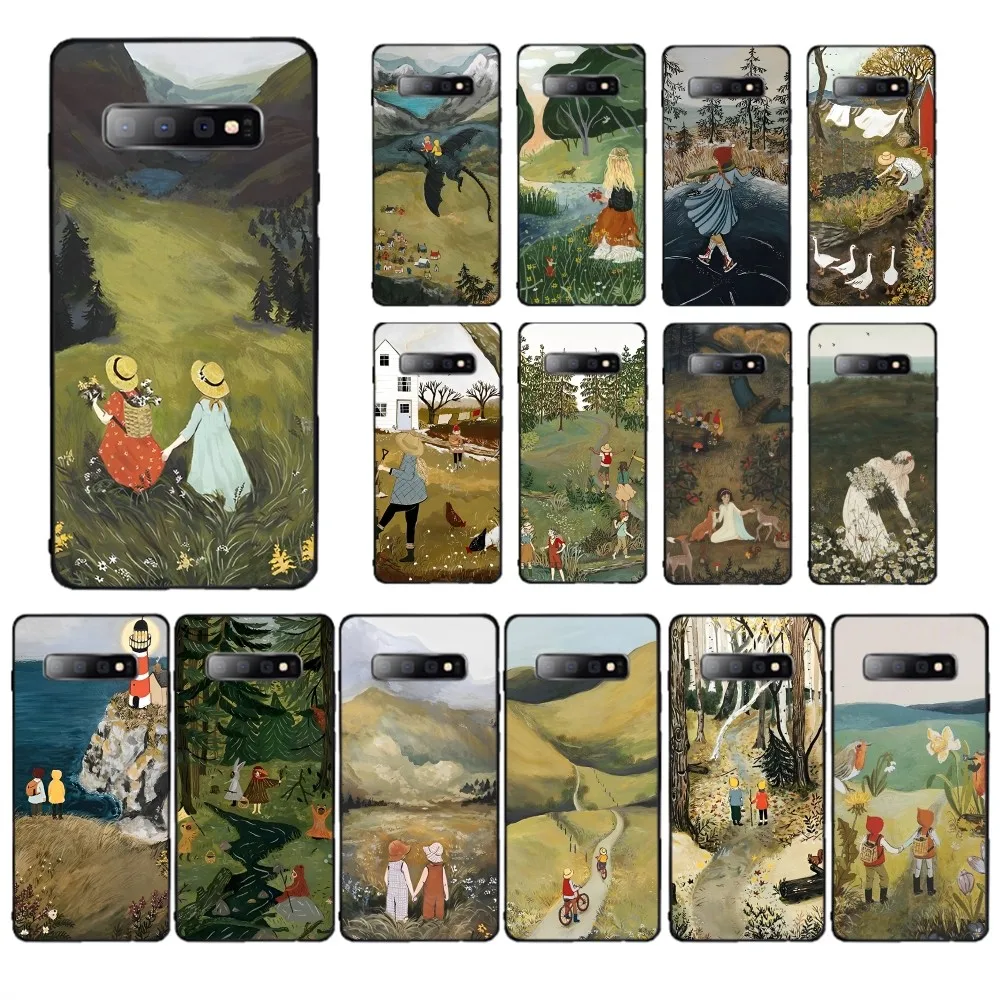 

Cartoon Scenery Girl Phone Case For Samsung S 9 10 20 21 22 23 30 23plus lite Ultra FE S10lite Fundas