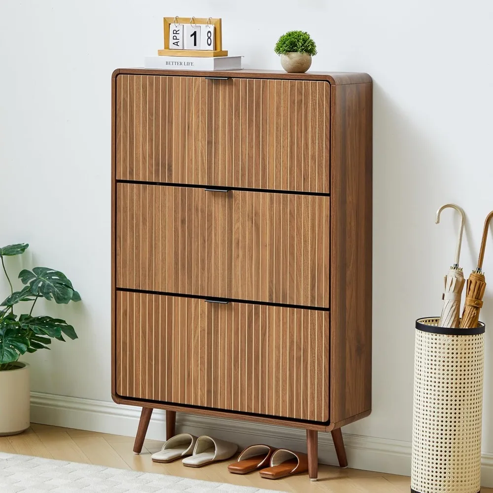 

Slim 47" Fluted Shoe Cabinet with 3 Flip Drawers, Curved Hidden Shoe Cabinet Organizer, Narrow Shoes Storage Rack, Customized