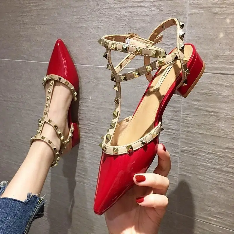 women's sandals summer 2025 luxury Designer woman Heeled slipper sandals Leather Brand Rivets High Heels Gladiator Ladies Shoes