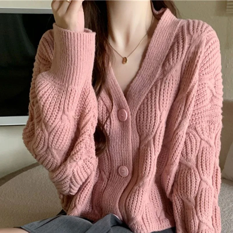 Fashion Solid Color Button Sense of Design Sweaters Cardigan Loose Coat New Long Sleeve Casual Simplicity All-match Lady Top