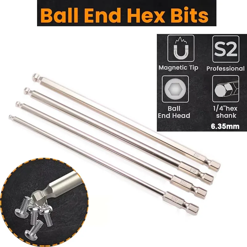 4pcs S2 Steel Ball End Hex Screwdriver Bits Set 150mm H3-H6 Hex Head With 1/4 Inch Hex Shank And Magnetic Tips Allen Key Bits