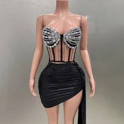 Shinning Diamonds Black Sexy Strapless Tops Sheath Skirt Two-Pieces Evening Party Celebrate Nightclub Performance Costume Suit