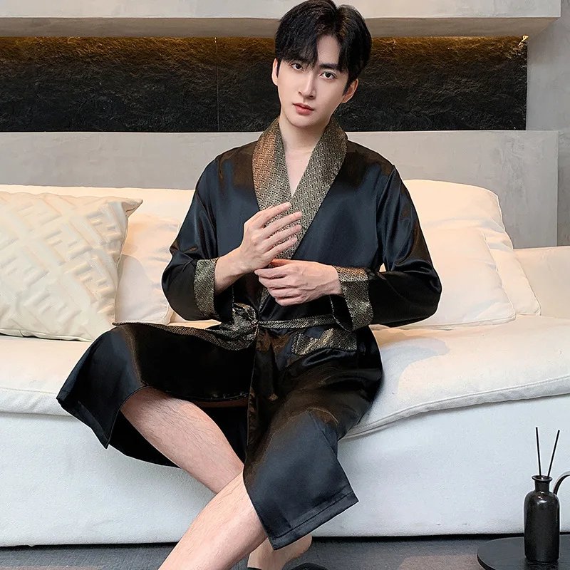 2025 Autumn Winter Men Robe Ice Silk Pajamas Luxury Soft Long Sleeve Bathrobe Bathwear Causal Nightgown Homewear 1piece Set