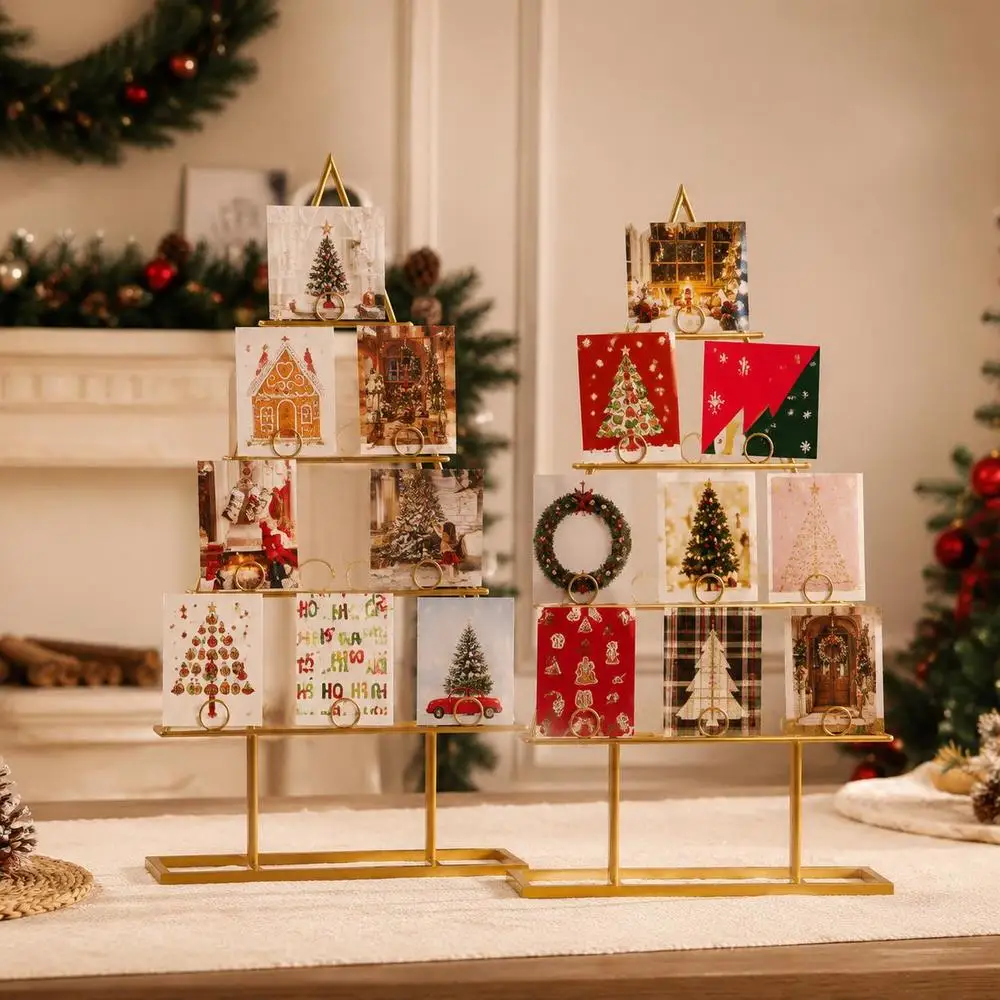 2 Pcs Christmas Tree Metal Card Holder with 36 Round Clips, Black Desktop Photo Display Stand for Holiday Home Office Decor, Freestanding Tabletop Organizer for Cards Notes and Pictures