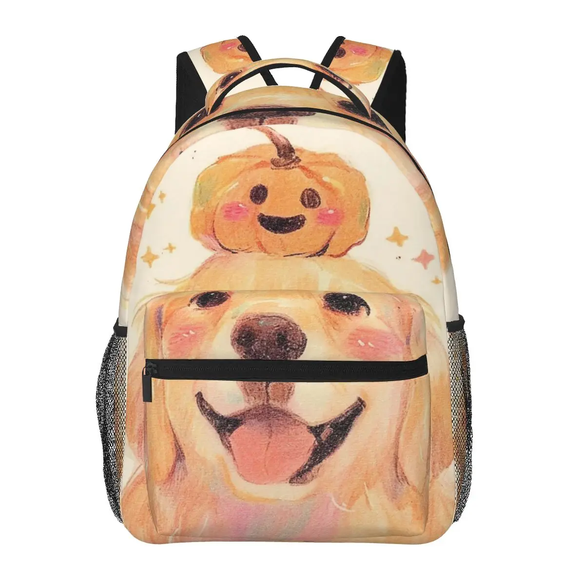 

Golden Retriever With A Pumpkin On Top Student Backpack School Bag Hiking Travel Daypack for Men Women Bookbag Shoulder Bags