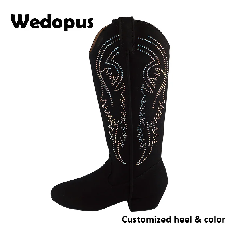 Wedopus Customized Line Cowboy Dancing Boots Dance Shoes Women Long Line Dance Boots Black Color Soft Suede Sole