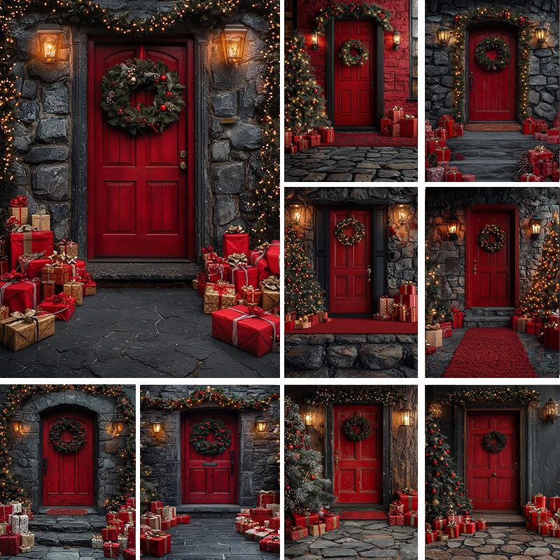 

LS Photography Background Red Christmas Wooden Door Xmas Tree Wreath Gift Decor Children Adult Portrait Photo Backdrop Studio