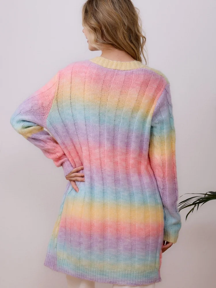 Women's Gradient Knit Cardigan V-Neck Oversized Long Sleeve Open Front Cable Knit Sweater Casual Lightweight Outwear