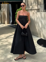 Black Backless Sling Long Dress Women Casual Loose Square Neck High Waist Vestidos 2025 Chic Summer Lady Vacation Street Robe