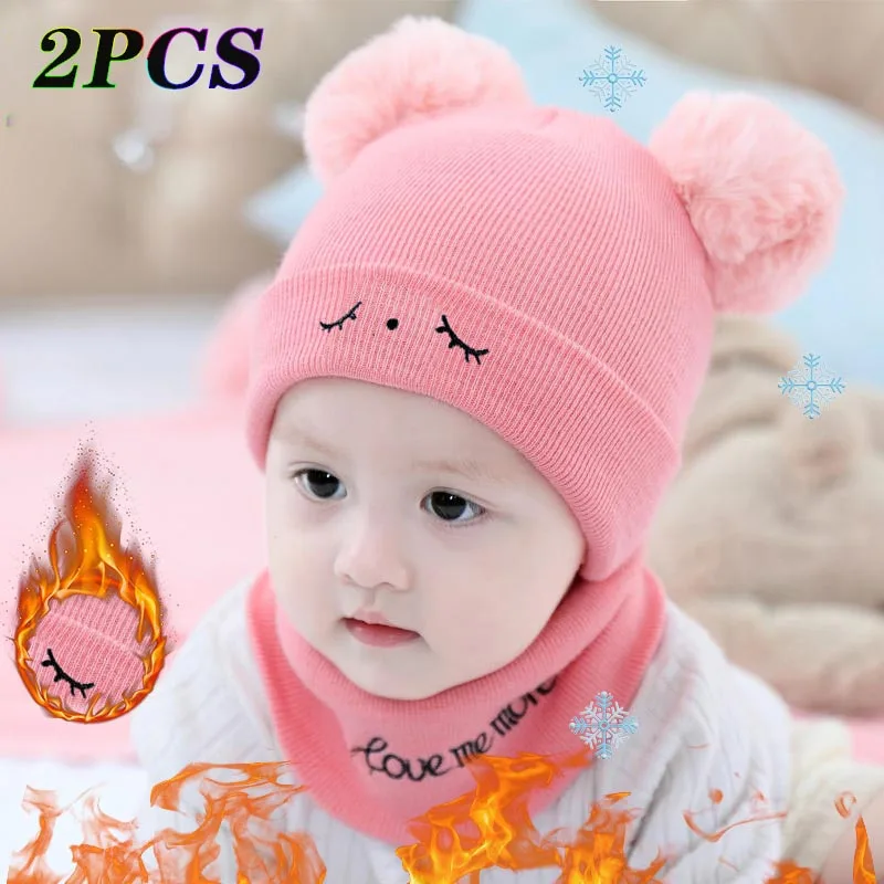 2PCS Winter New Thickened Baby Hat Infant Ear Protection Knitted Cap Toddler Boys and Girls Woolen Cap Thickened Baby Hat