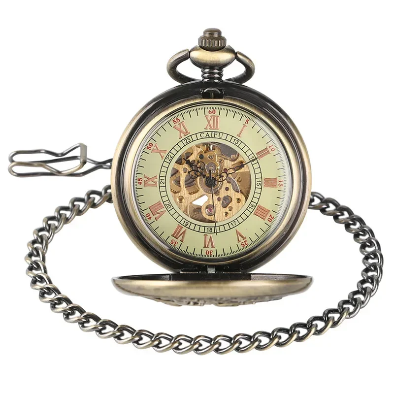 Bronze Hollow Mandarin Duck Pocket Watch Men Women Skeleton Automatic Mechanical Clock Roman Number Dial FOB Pendant Chain
