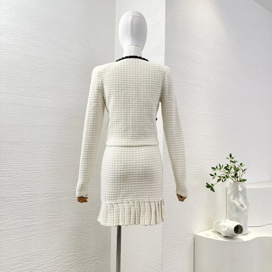 White Long Sleeve Tweed Jacket Tops and Ruffles Pleat Skirt Set Elegant Office Lady New High Quality 2025