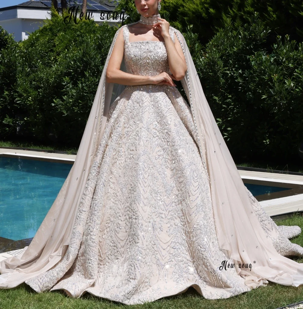 Two Pieces Beading Applique Wedding Dress With Long Cape Sleeves Customized Dubai Crystals Bridal Gowns A Line Puffy Princess