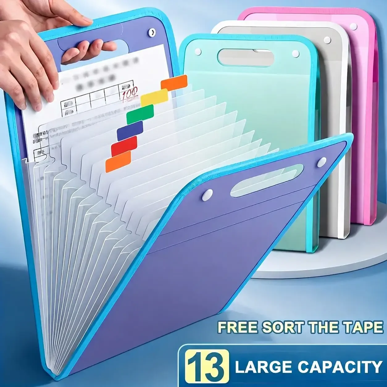 1 Portable Expanding File Folder Organizer - 13 Layers Large Capacity A4 File Storage Bag, Durable PP Plastic With Ergonomic Handle, Sky Blue & Pink Suitable For Office, Home Organization, Desktop File Organizer, Fashionable File Bag,