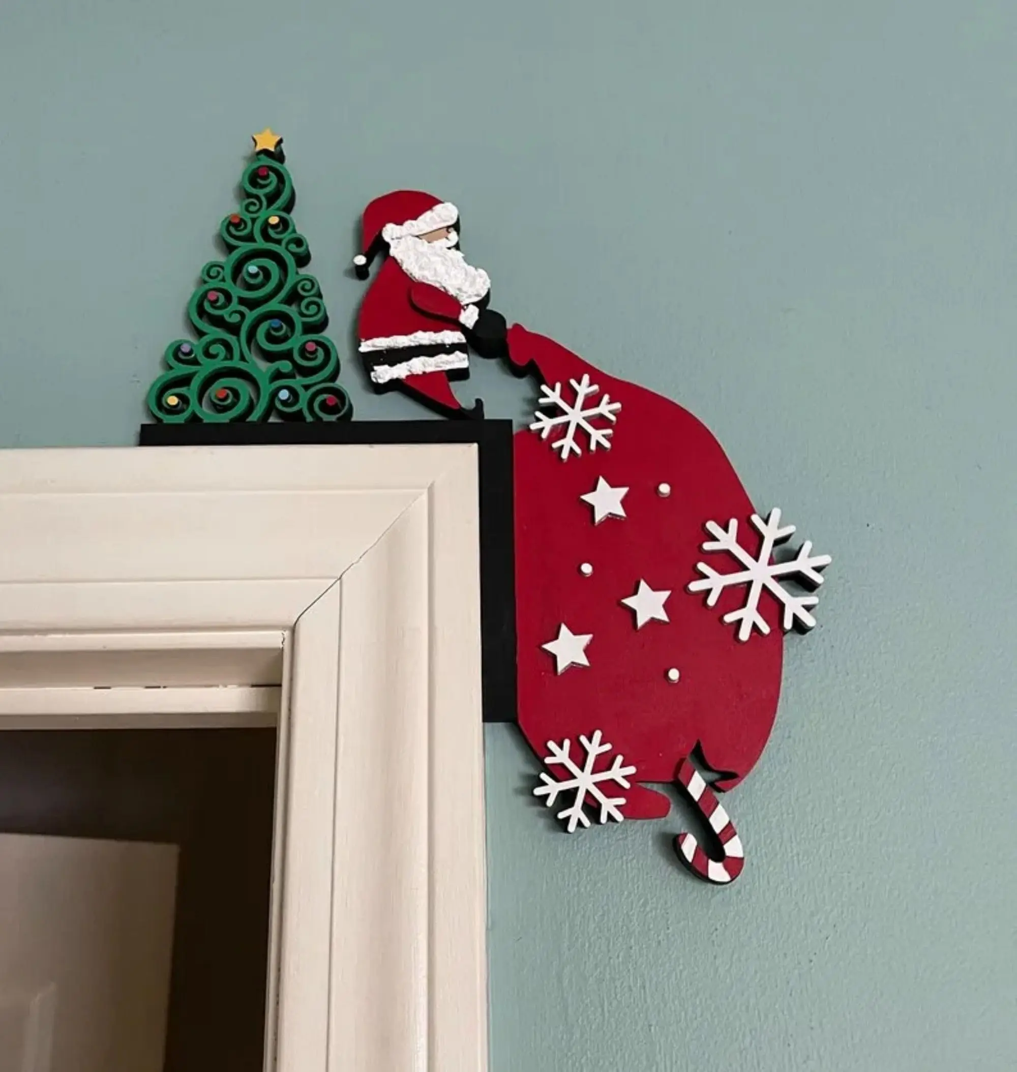2 PCS Décoration Cadre Porte Noël Bois - Père Noël & Cerf - Autocollant Angle Porte