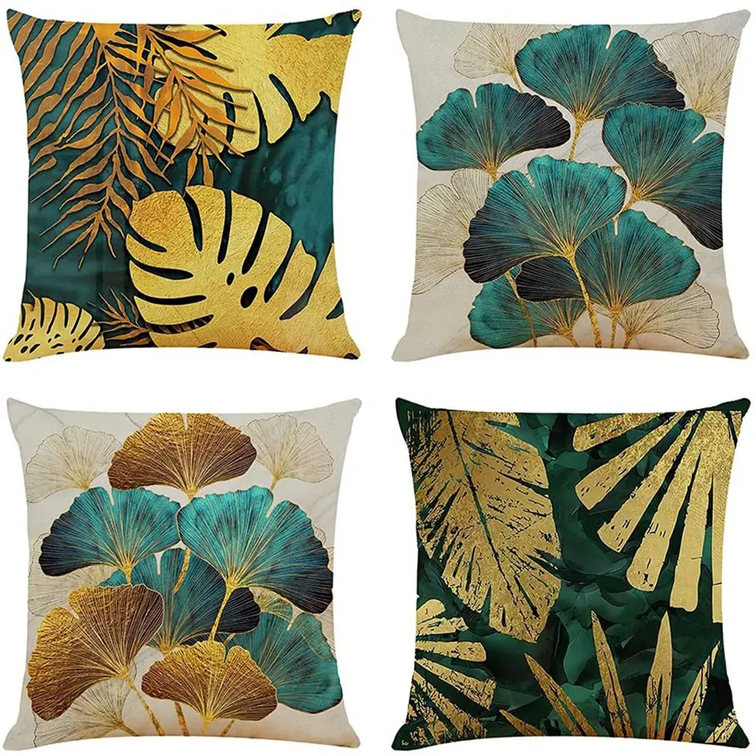 AT13 Square Throw Pillow Covers Pack of 4 Green and Gold Leaves Cushion Covers Linen Sofa Cushions 45cm x 45cm