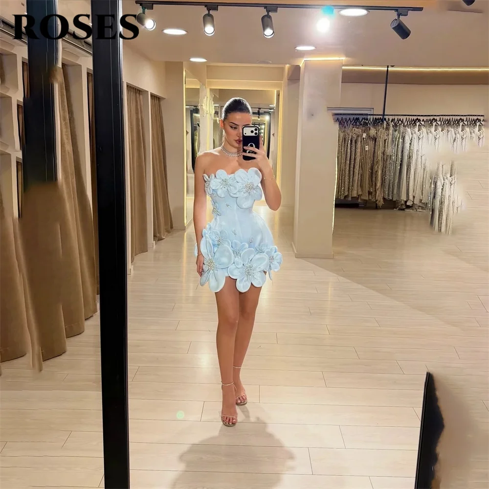 

ROSES Blue Evening Gown Strapless Prom Dress Sleeveless Wedding Evening Dress with Flowers and Pearls robes de soirée Customized