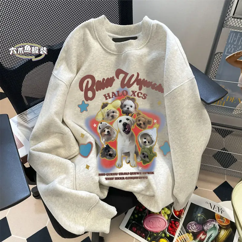 Vintage Puppy Pure Cotton Round Neck Sweatshirt Hoodie Women Autumn Winter College Style Loose Fitting Couple Kawaii Clothes