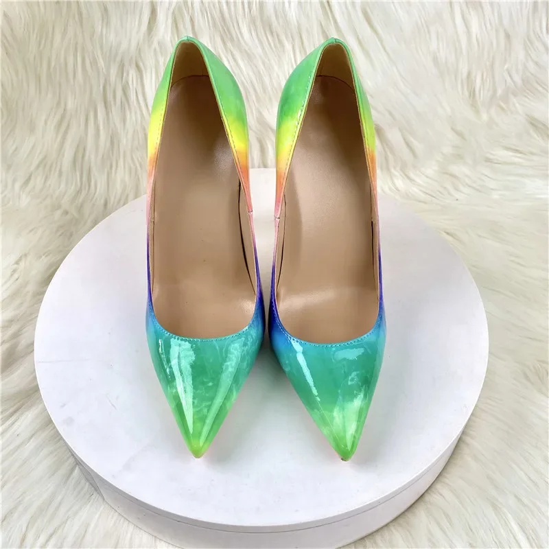 WEDDING Women Pumps PU 12CM Stiletto 2022 Spring Rainbow Color Blocked Pointed Soft Leather Shallow Mouth Single Shoe Woman Shoe