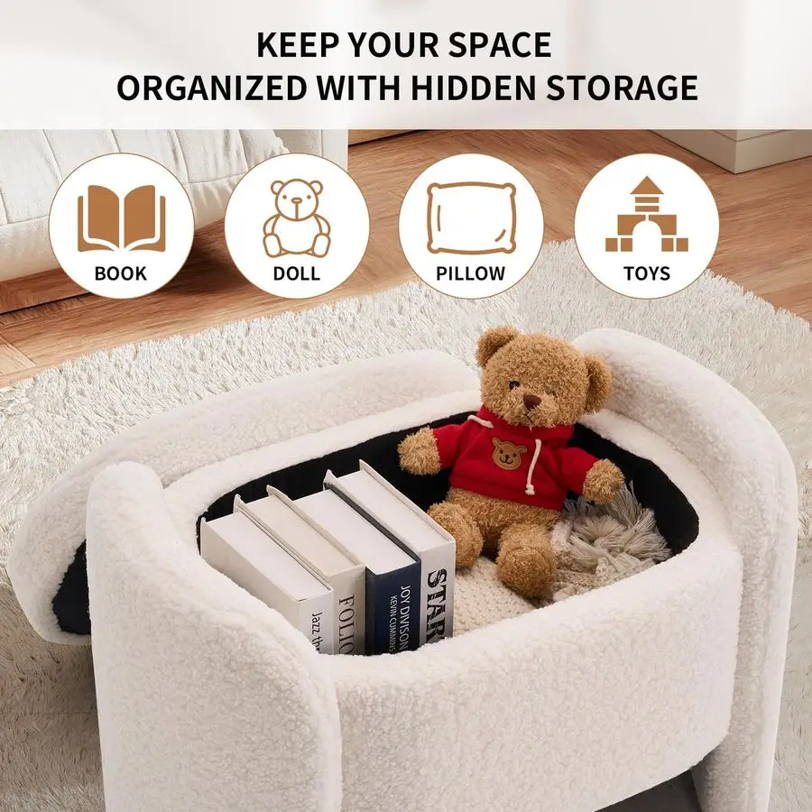 Bench with Lamb Fleece Fabric, Vanity Stool Chair, Upholstered Ottoman with Small Hidden Storage for Bedroom, Living Room, Entry