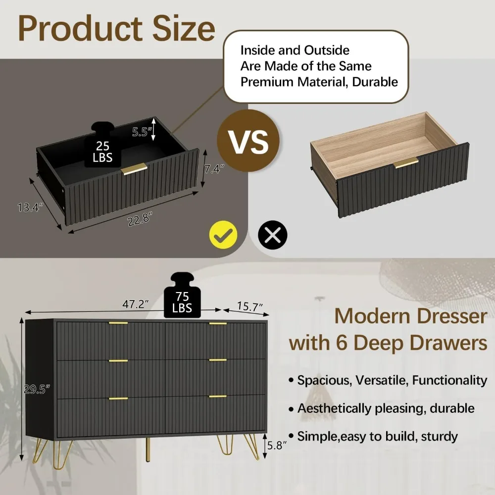 Black Dresser,Modern Dresser for Bedroom, 6 Drawer Dressers with Wide Drawers and Gold Handles, Storage Chest of Drawers