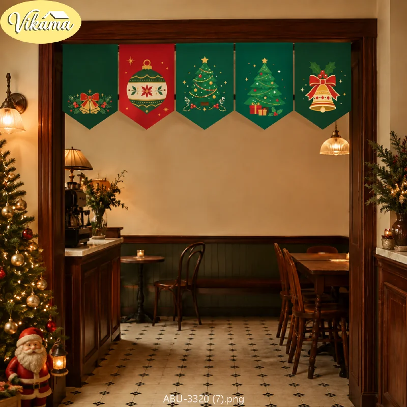 VIKAMA Christmas Triangle Banners, Fabric Triangle Banners with Christmas Tree Bells and Ornaments, Holiday Party and Home Decor
