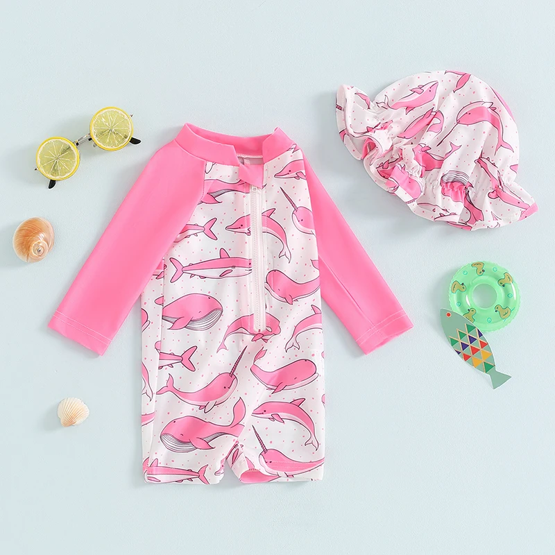 Baby Girls Swimsuit Dolphin Shell Print Long Sleeve Zipper Rash Guard with Hat Cute Summer Swimwear