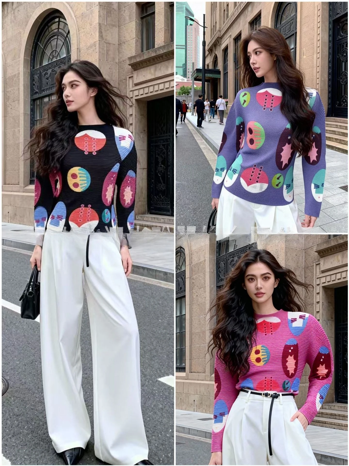 

Miyake Pleated 2026 Fall and Winter New Advanced Sense of Pleated Stretch Bottoming Shirt Printed Half-high Neck Blouse Female