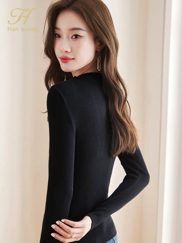 H Han Queen 2024 Autumn Winter New Korean Elastic Knit Pullover Sweater Fashion Simple Basic Knitted Bottoming Shirt Sweater Top