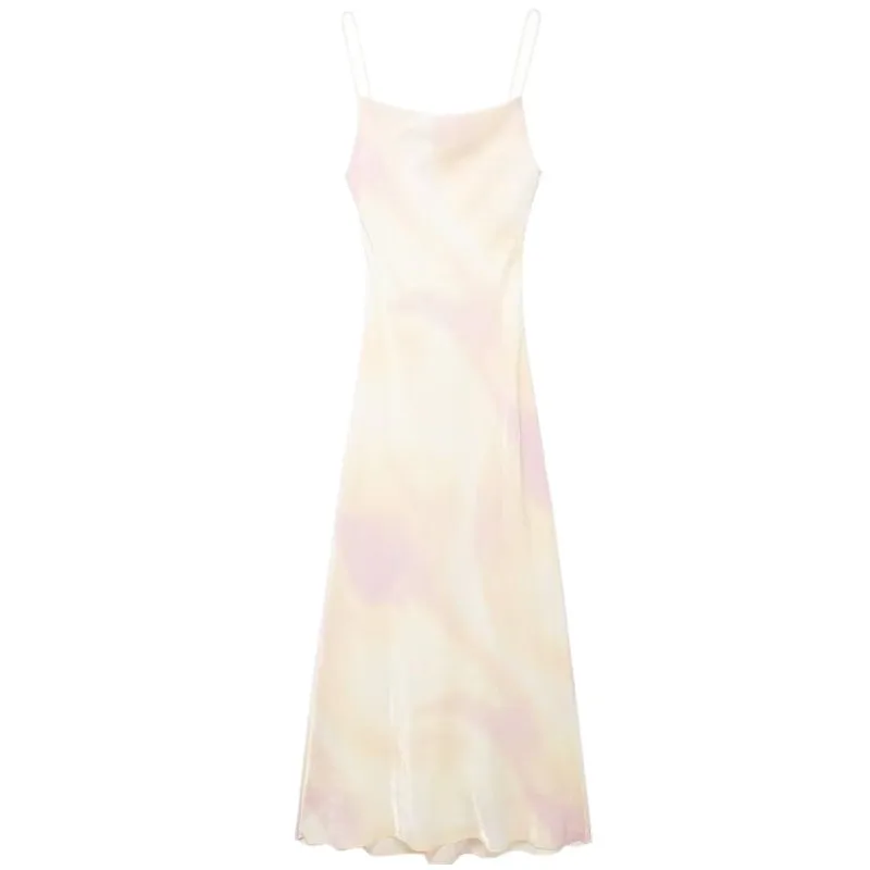 2024年夏 レディース メタル箔シルクサテン ミディ丈ワンピース ストレスレス ガウン エレガント おしゃれ ノースリーブ ネックライン