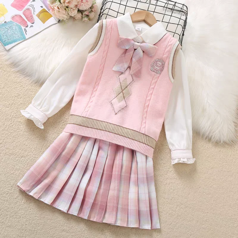 Kids Academic Style Clothing Set Polo Shirt Top+Vest + JK Plaid Skirt 3PCS Set Girl Autumn And Winter School Uniforms Clothing