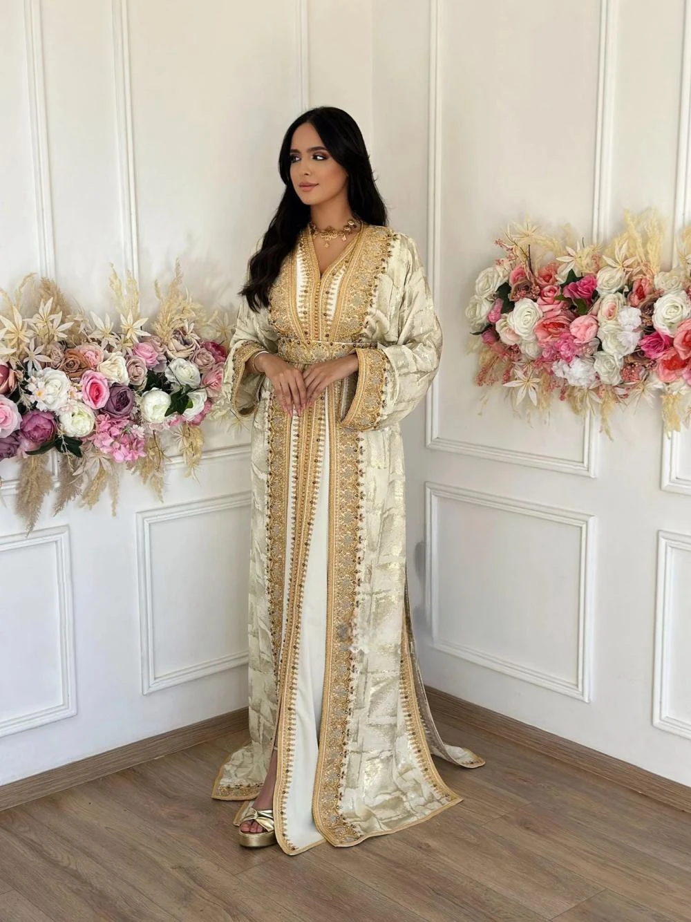 Golden Appliques Prom Dress Muslim A-line Satin Belt Cocktail Gown Luxury Crystal Moroccan Caftan Evening Dress Robe De Mariée