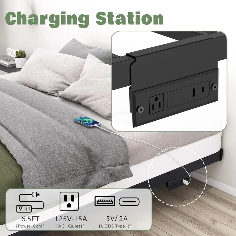 LED-lit Twin Platform Bed Frame with Charging Station, Kids' 8 Metal Bed with Storage, No Box Spring Needed