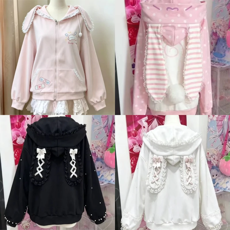 Japanisches Kawaii Katzen-Sweatshirt für Damen, schulterfrei, niedlicher Cartoon, Y2k, ästhetische Grunge-Spitze, lässiger Kapuzenpullover, Weihnachten, Winter