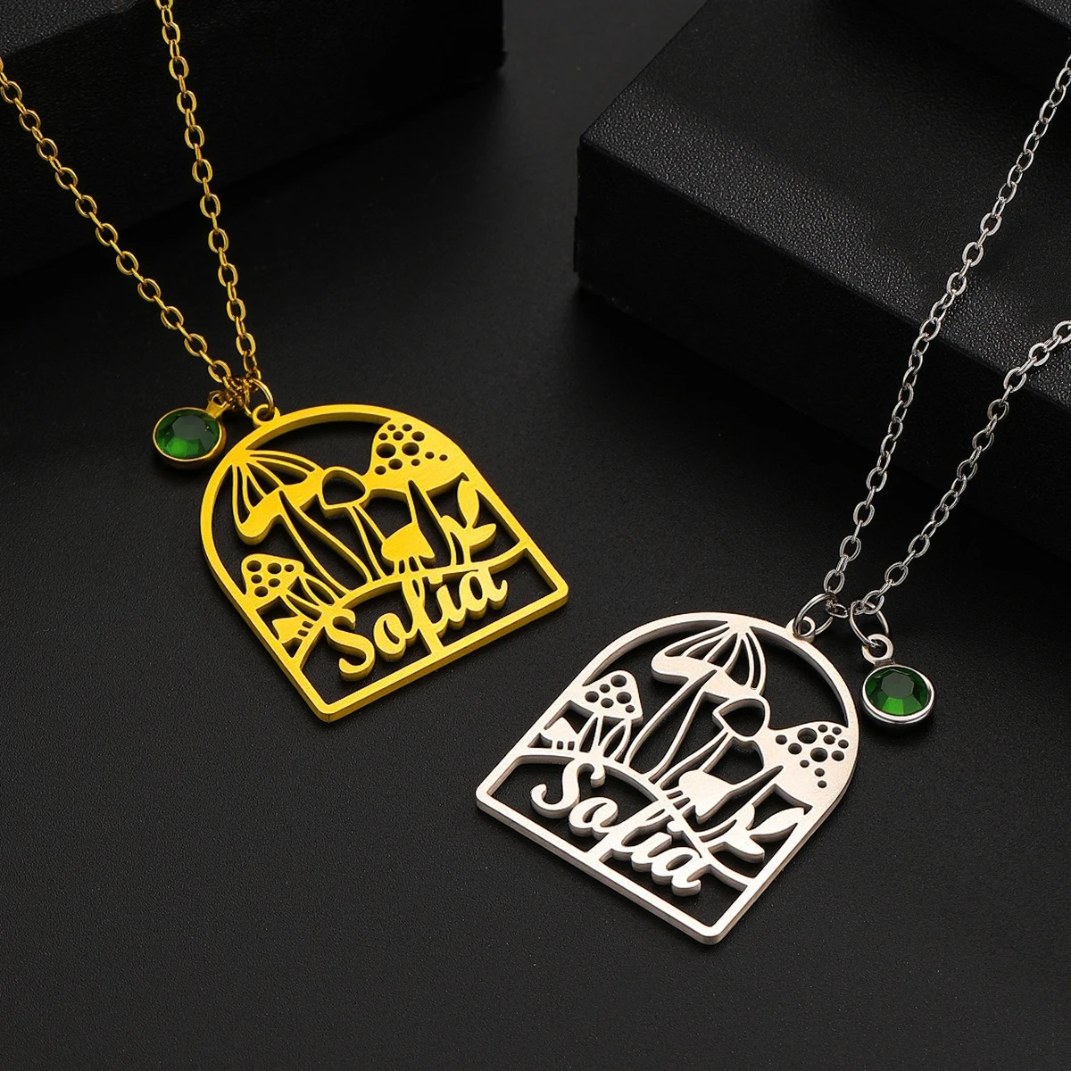 

Custom Mushroom Garden Name Necklace Personalized Birthstone Silver Necklace Unique Forest-Style Custom Jewelry for Women